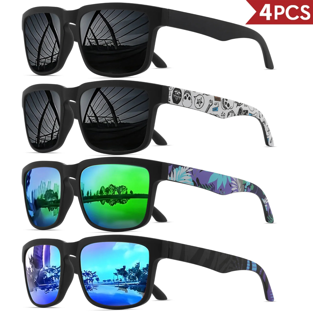 4PCS Square Sports Sunglasses with Designer Temple Pattern - UV400 for Men Women, Beach Vacation