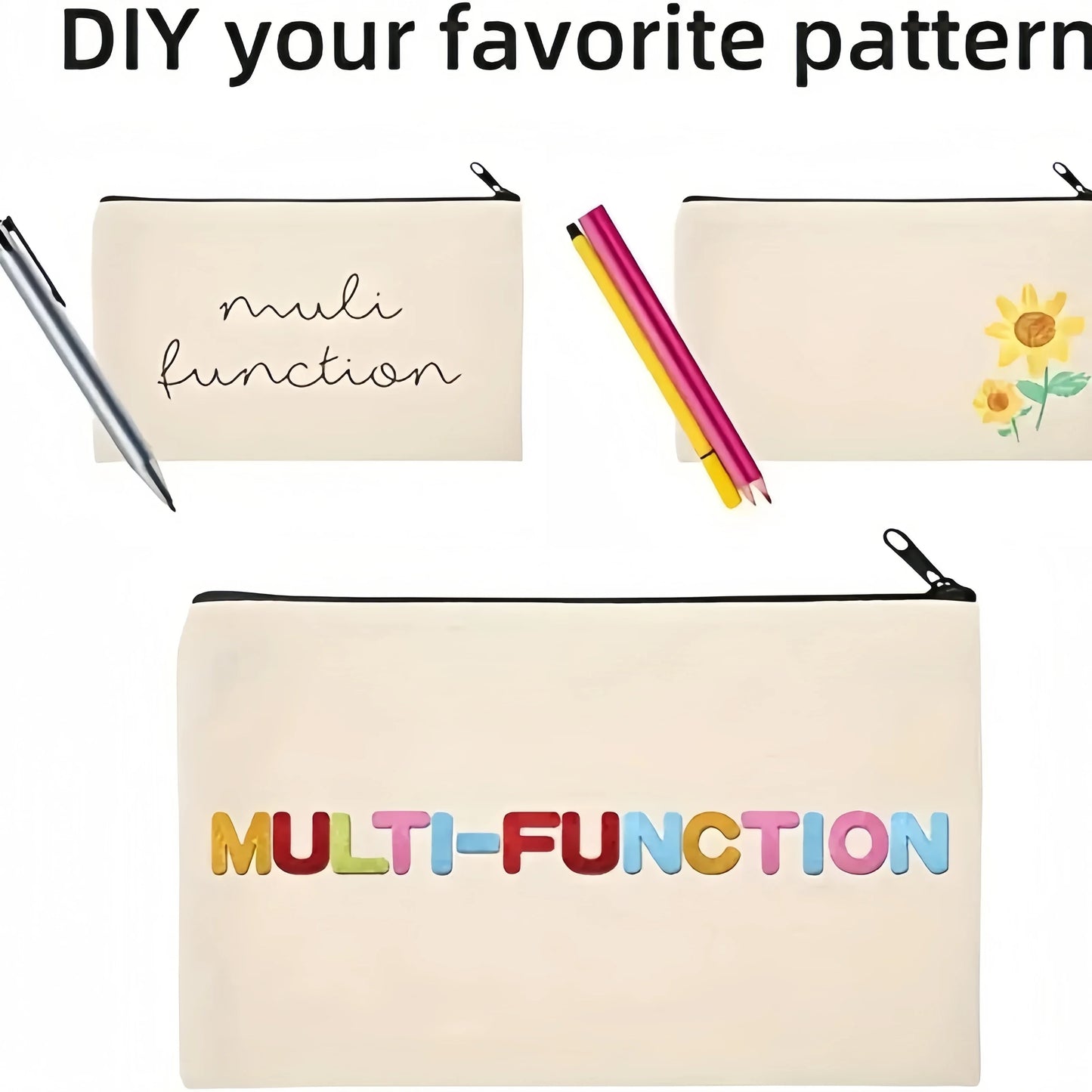 5pcs Blank Canvas Zipper Pouch Bulk, Makeup Bag Pencil Case For Cosmetic & DIY Crafts, Independence Day