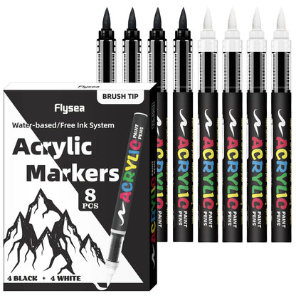8pcs Black and White Acrylic Paint Markers Set, Large Ink Capacity, Acrylic Markers for Illustration Sketching, Wood, Glass, Fab
