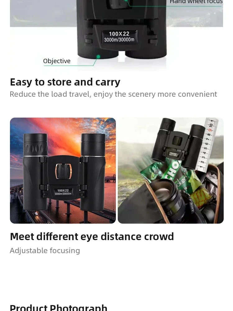 100X22 High Magnification High-Definition Binoculars, Mini Portable Outdoor Travel Professional Telescope