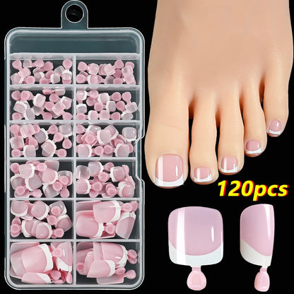 120Pcs 9-Colors French Fake Toenails Summer Short Sqaure Press On Toe Nails Tips Glossy Nude/Pink/Brown Full Cover False Toenail