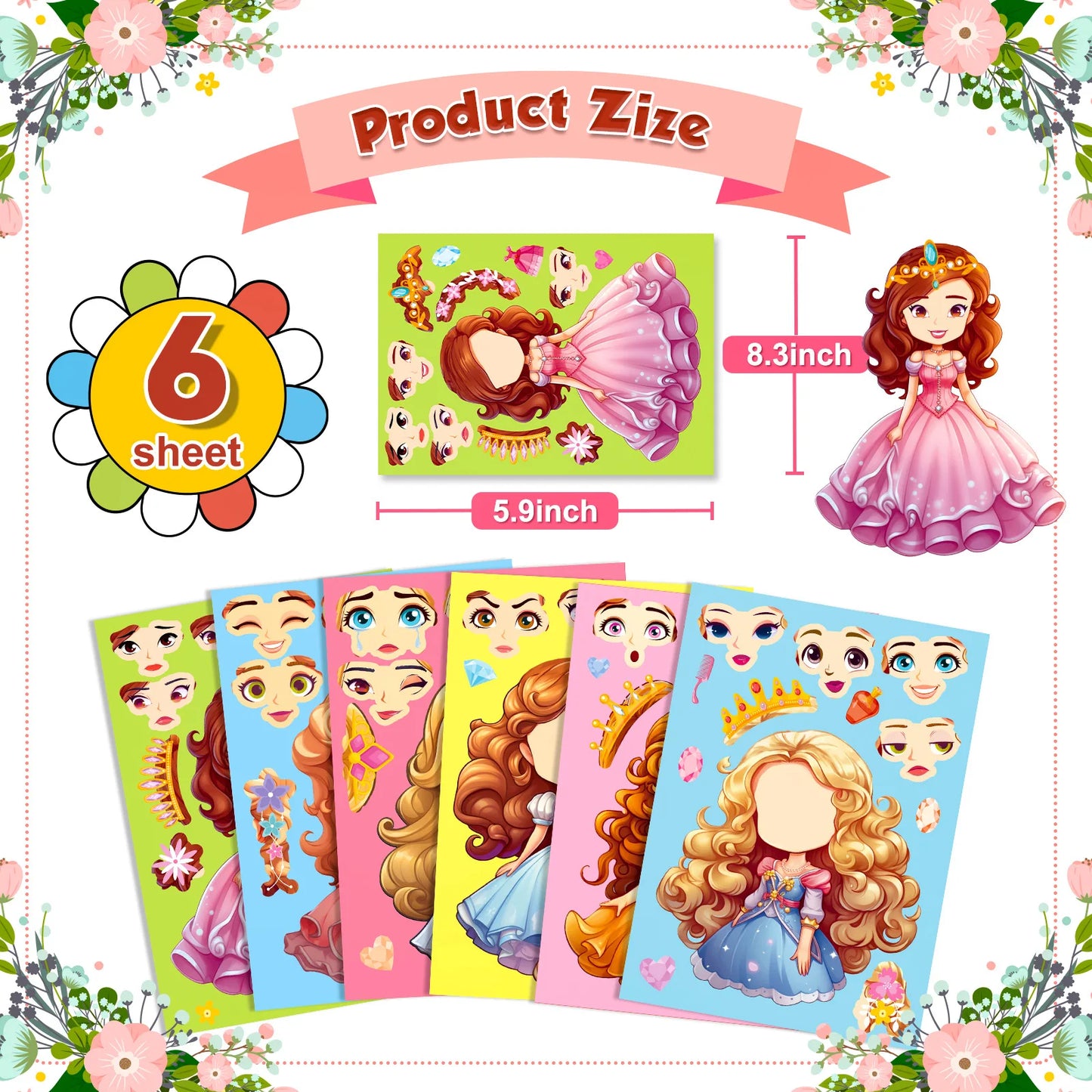 6-42Sheets Children DIY Puzzle Sticker Games 6 Princess Mermaid Make A Face Funny Assemble Jigsaw Stickers Kids Educational Toys