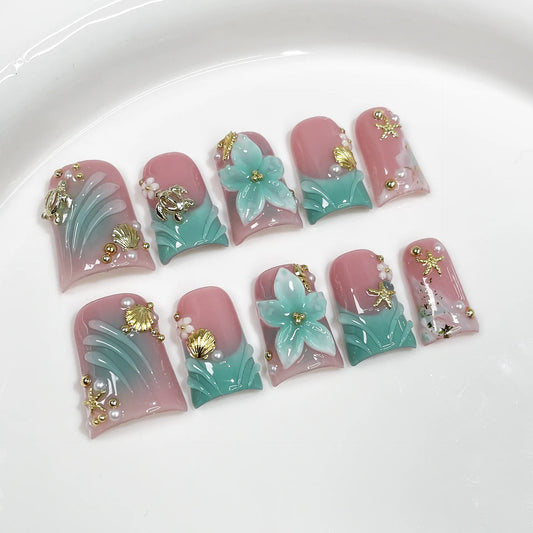 10pcs Ocean Style Fake Nails Duck Bill Press on Nails Set Handmade 3D Flowers Pearl Nail Art Gradient Blush French False Nails