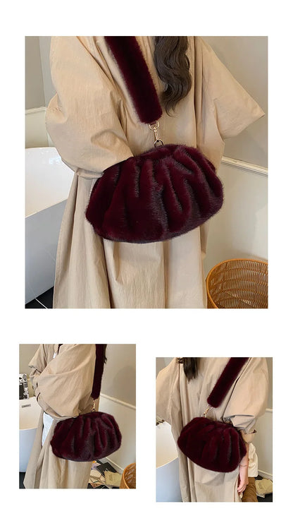 Cute and Versatile Winter Crossbody Bags Mink Fur Wrinkle Relaxed Texture Cloud Shell Bag Women Fashion Tote Shoulder Bag