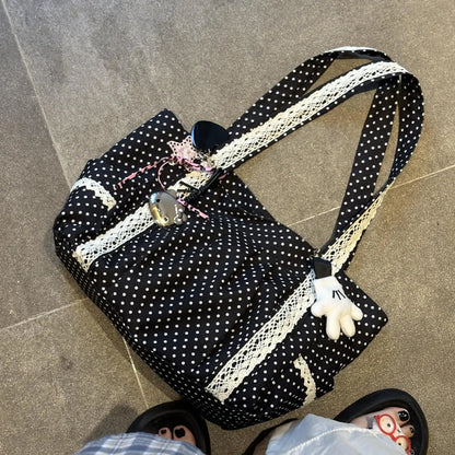 Korean Vintage Canvas Shoulder Bag Women Cute Lace Large Capacity Tote Bag Multi Pocket Handbag Fashion Round Dot Underarm Bag