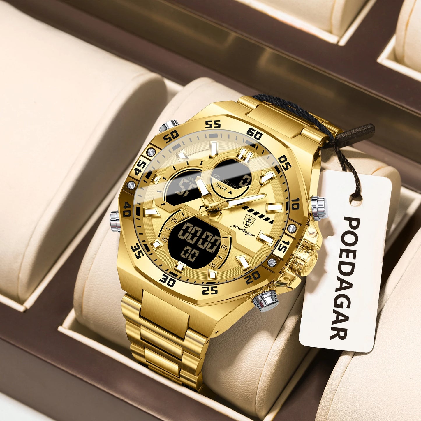 POEDAGAR Top Men Clock LED Luminous Waterproof Week Date Military Man Wristwatch Electronic Stainless Steel Quartz Men's Watches