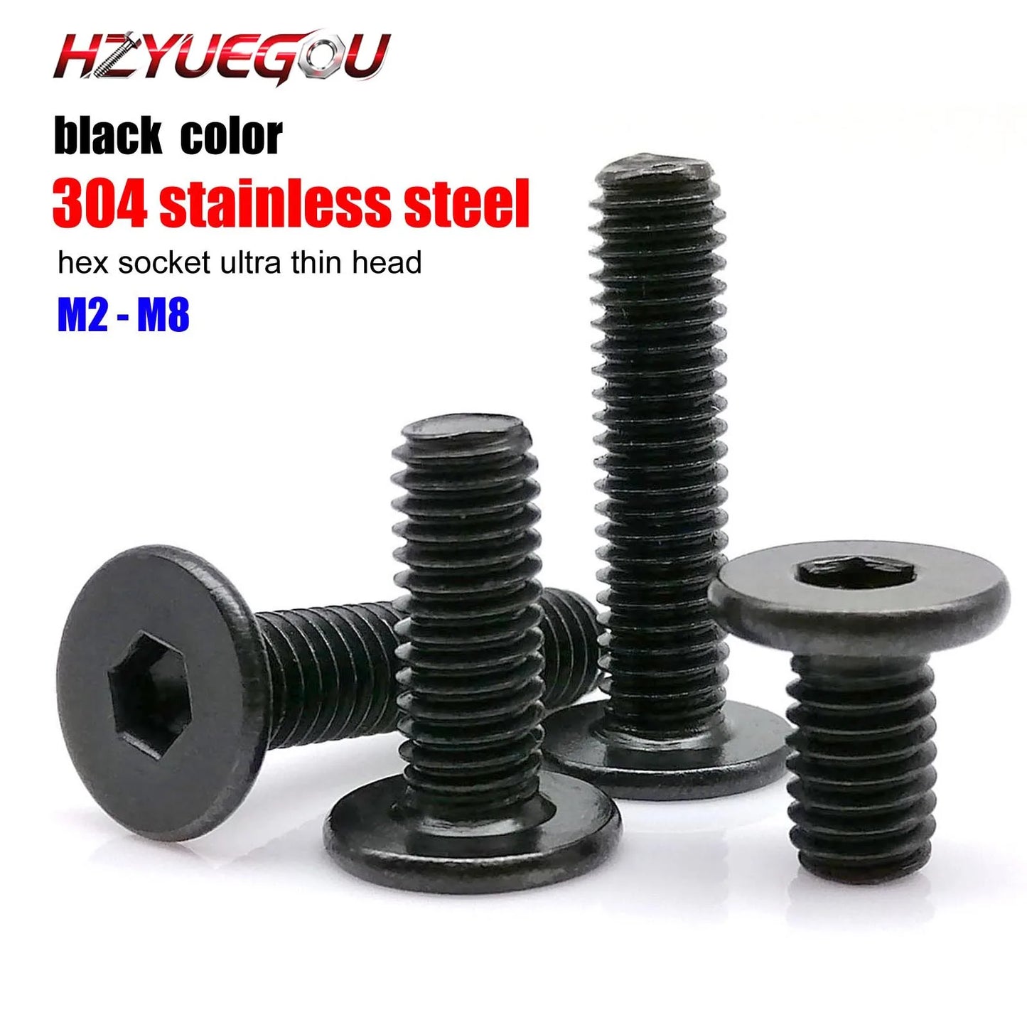 HZYUEGOU M2 M2.5 M3 M4 M5 M6 M8 Black 304 A2 Stainless Steel Allen Hexagon Head Bolt Hex Socket Ultra Thin Flat Wafer Head Screw