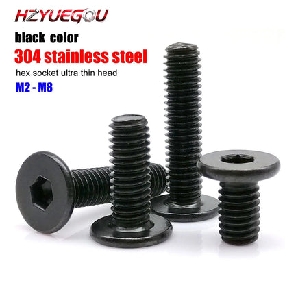 HZYUEGOU M2 M2.5 M3 M4 M5 M6 M8 Black 304 A2 Stainless Steel Allen Hexagon Head Bolt Hex Socket Ultra Thin Flat Wafer Head Screw
