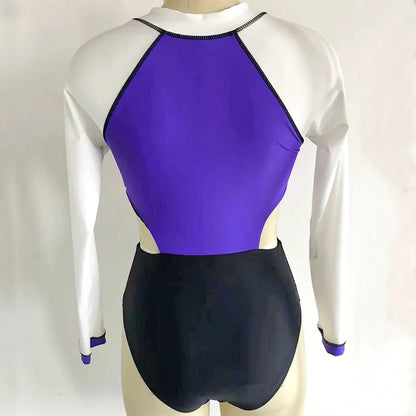 New Patchwork One-Piece Swimsuit Long Sleeve Swimwear Sports Backless Women's Swimming Bathing Suit Beach Wear Bather Surfing