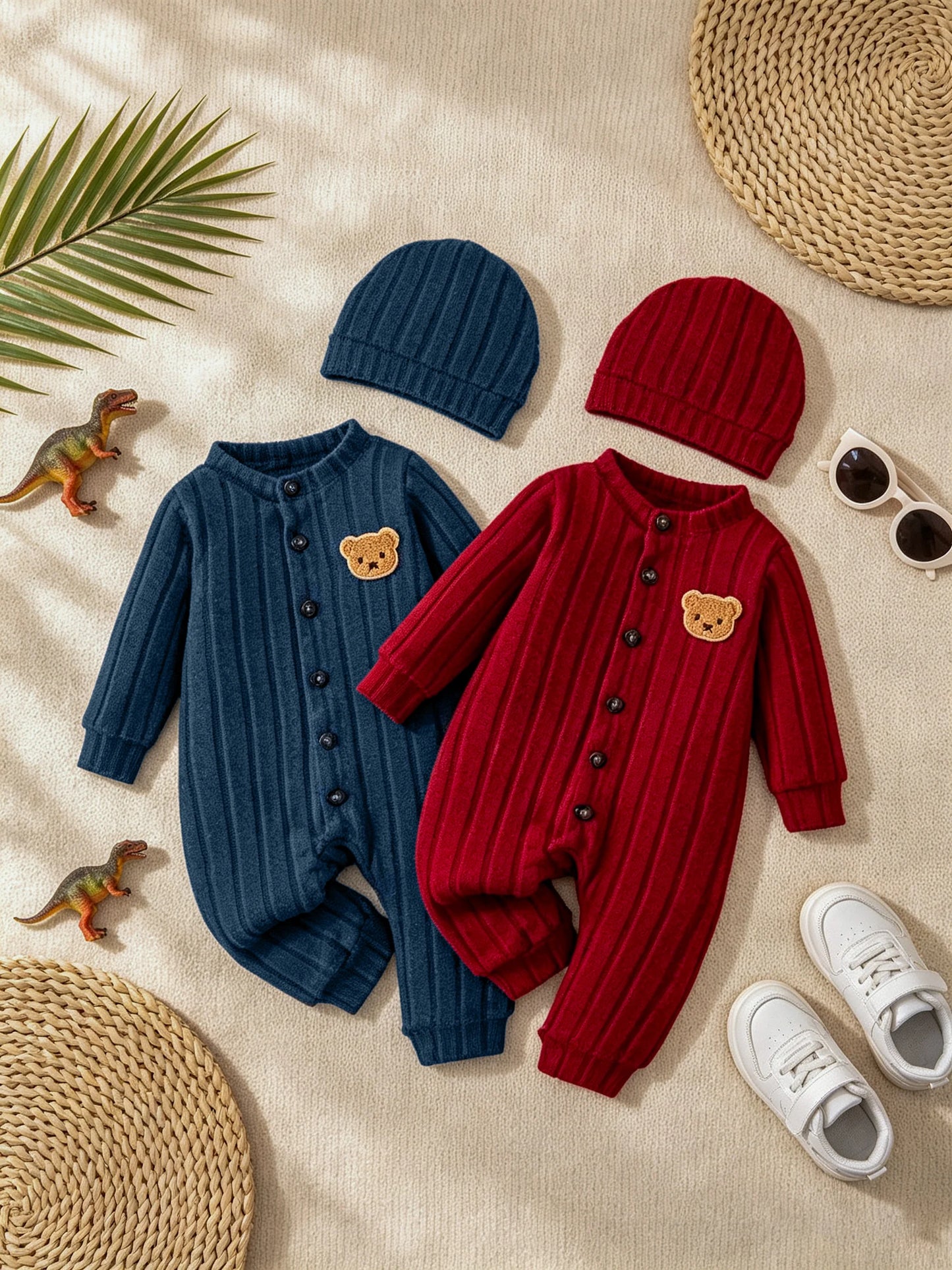 【Baby Boy】Autumn & Winter Red Onesie with Front Single-Breasted Buttons and Cute Bear Badge on Chest + Red Hat Set Featuring a W