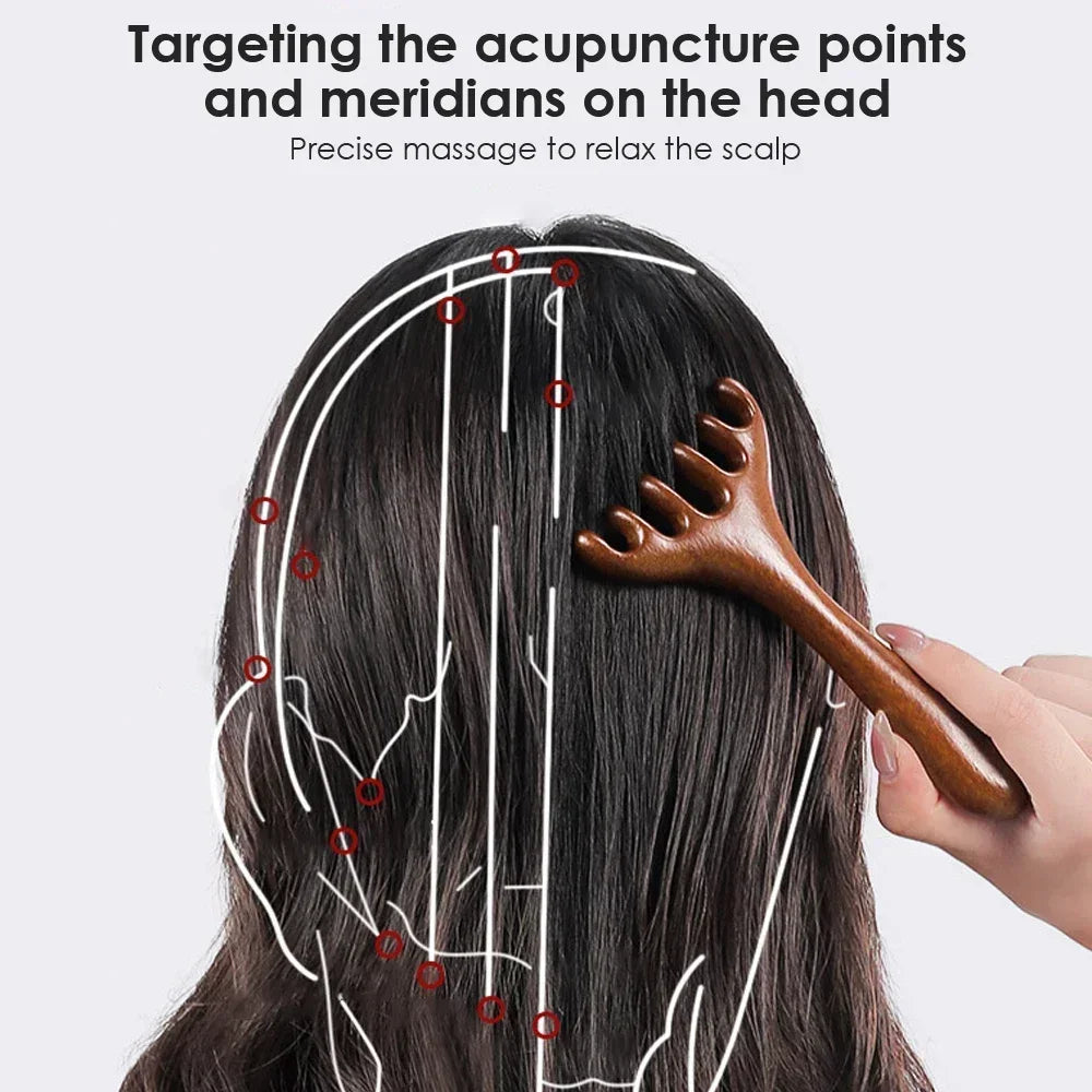 Natural Golden Sandalwood Five-Claw Scalp Massager Gua Sha Tool Back Scratcher Spa Handheld Meridian Massage Comb Hair Care