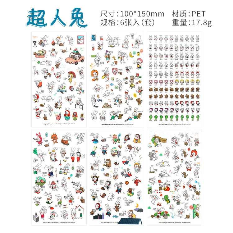 6Pieces/Set Transparent Pvc Waterproof Cartoon Sticker DIY Hand Account Decorative Stickers Kawaii Phone Cup Stickers