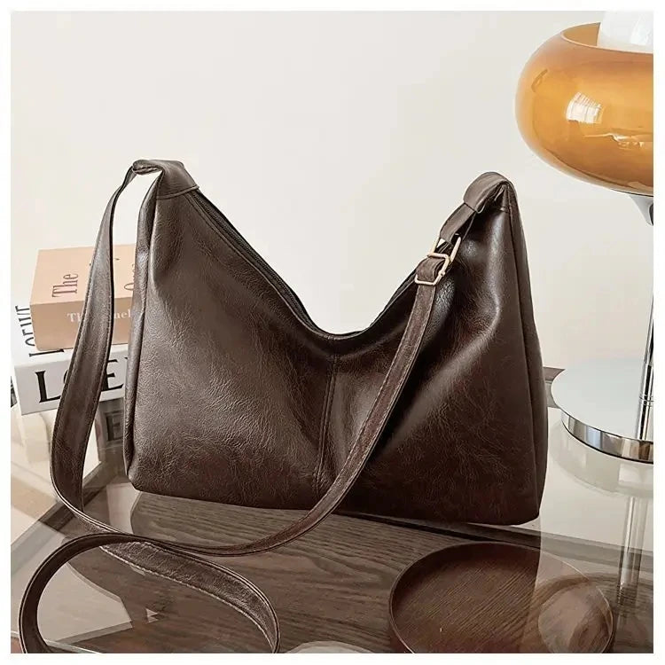 PU Leather Commuter Fashion Vintage Casual Tote Bag Maillard Stylish Crossbody Bags for Women Texture Large Capacity Temperament