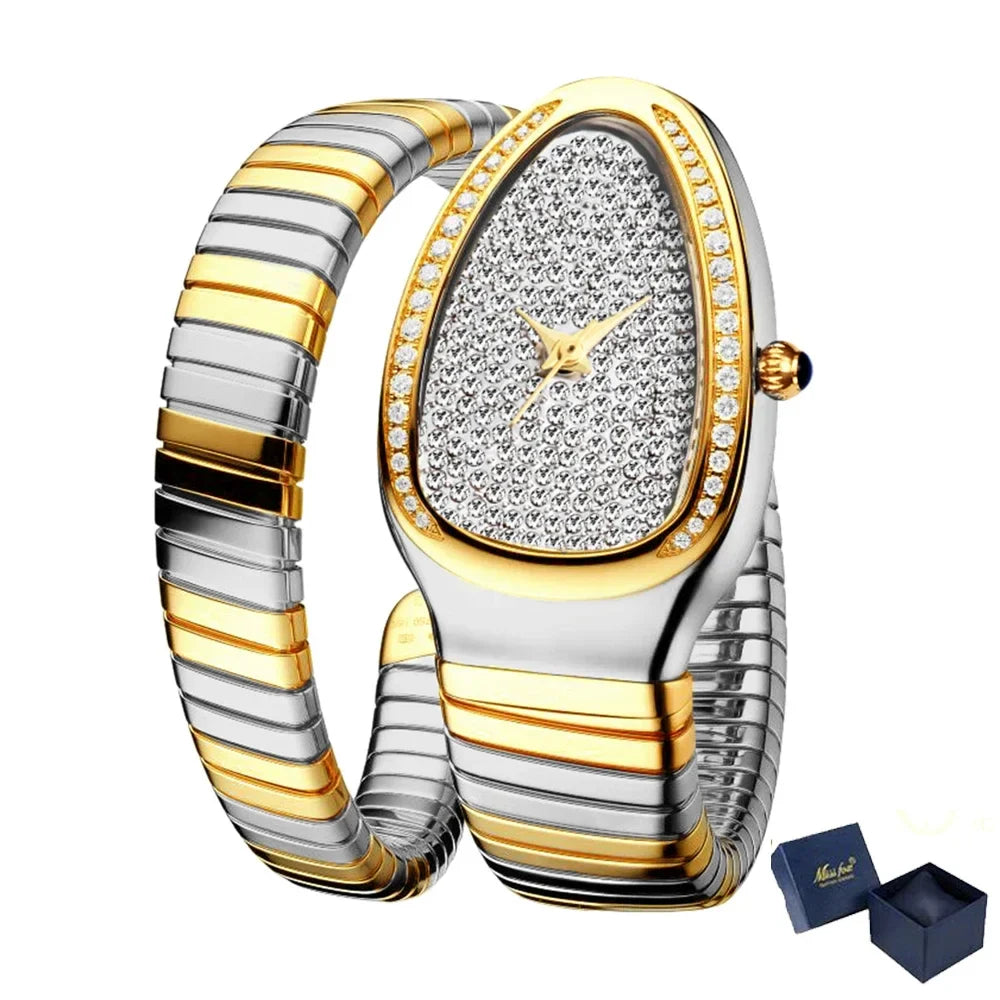 Elegant Snake Shape Women’s Watch - Gold & Silver Scalable Bracelet with Bling Diamonds, Quartz Ladies Wristwatch