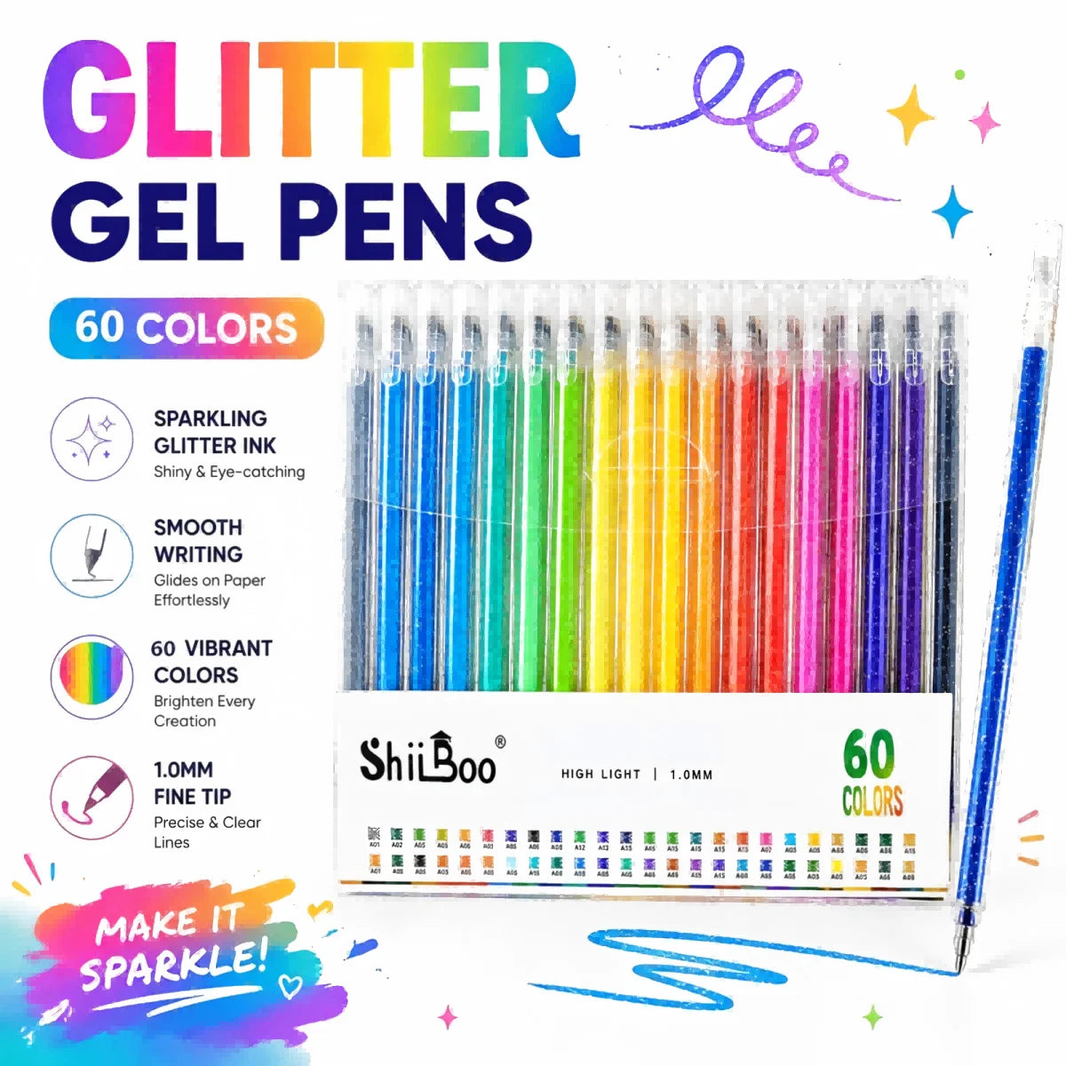 60 Colors Glitter Gel Pen 1.0mm Metal Glitter Color Ballpoint Pen Paper Cardstock Diary Drawing Marking Coloring DIY Art