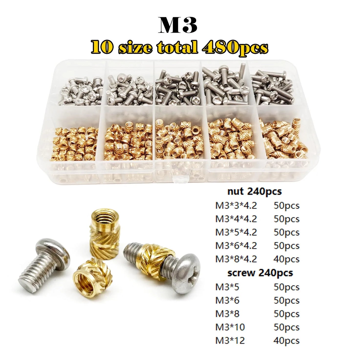 Brass Copper Embed Insert Nut Screw Kit Set M1.4M1.6 M2 M2.5 M3 M4 M5 M6 for Heat Melt Injection 3D Print Twill Knurled Thread