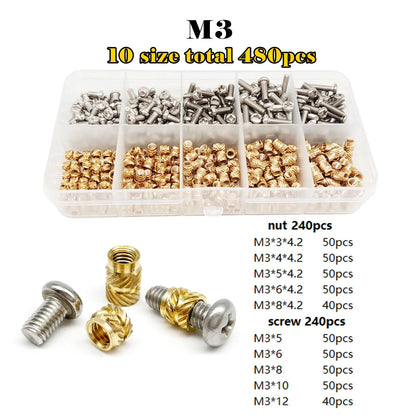 Brass Copper Embed Insert Nut Screw Kit Set M1.4M1.6 M2 M2.5 M3 M4 M5 M6 for Heat Melt Injection 3D Print Twill Knurled Thread