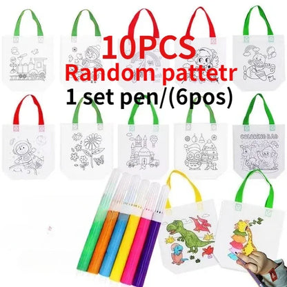 1-10pcs Sets DIY Graffiti Bag with Markers Handmade Painting Non-Woven Bag for Children Arts Crafts Color Filling Drawing Toys
