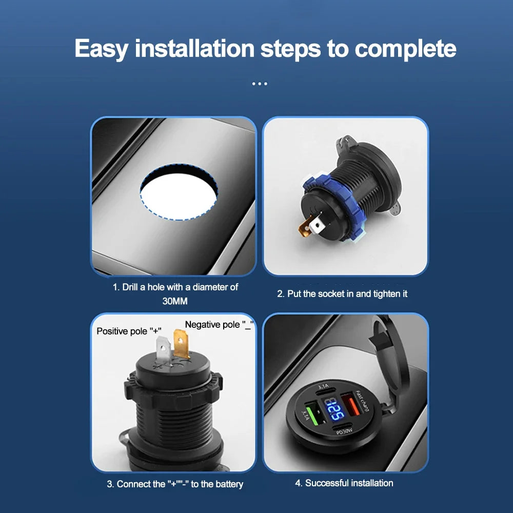 83W Motorcycle Car Charger Socket PD30W Fast Charging 22.5W Dual USB Type C Outlet Phone Power Adapter with Voltmeter Waterproof
