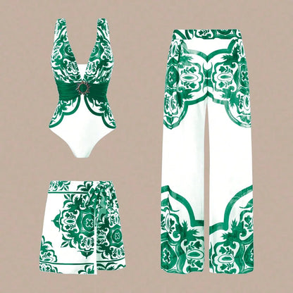 Blue One-Shoulder Ruffled Print Floral Swimsuit Set Cover Up Single Piece Micro Monokini Sexy Swimwear For Girls Summer Beach