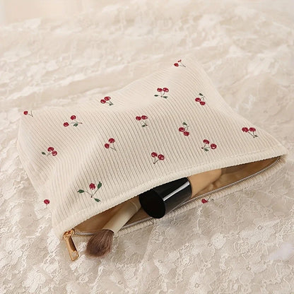 Fashion Cherry Printed Corduroy Makeup Bag Large Capacity Lightweight Zipper Makeup Storage Box Multifunctional Bag with Lining