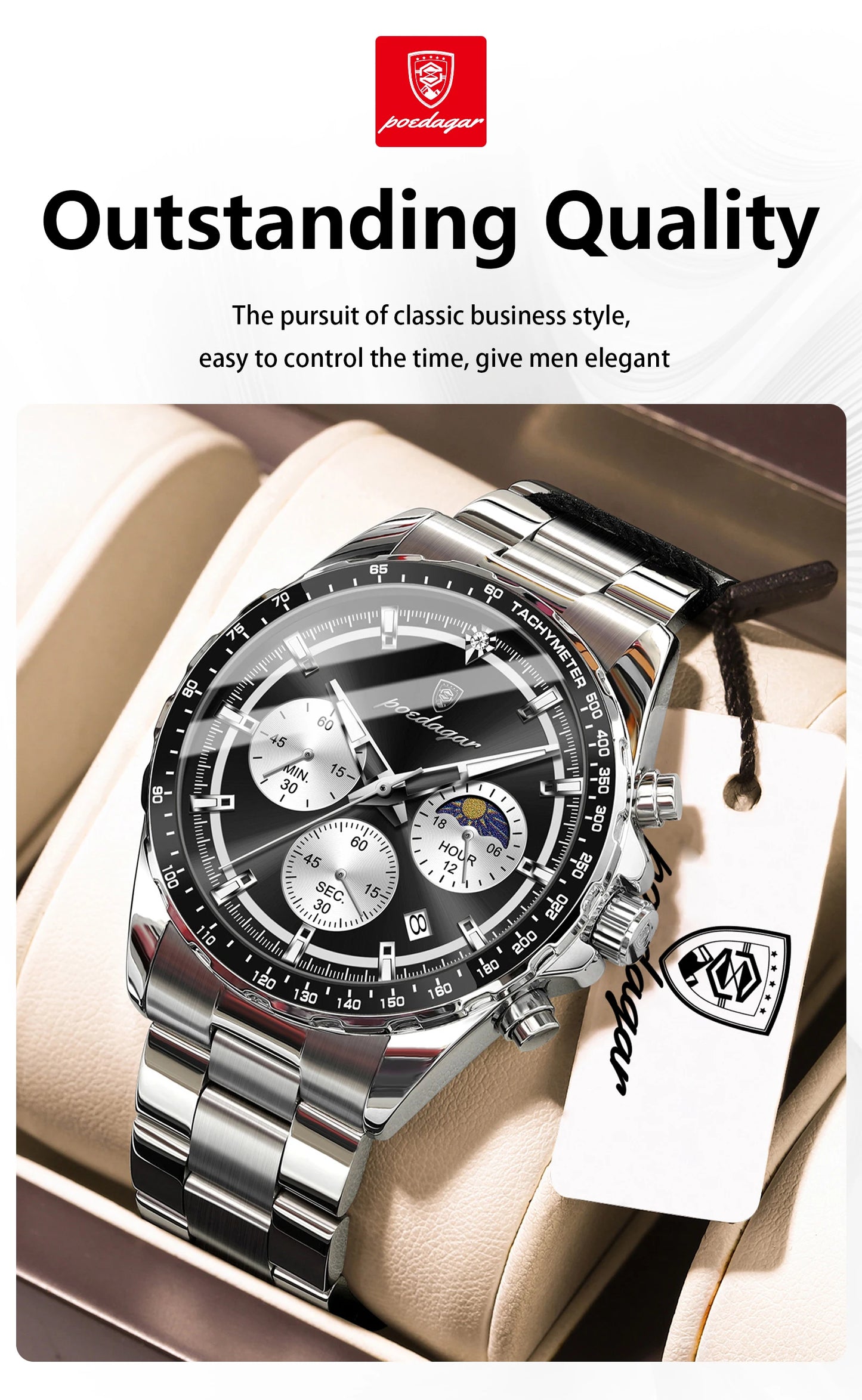 POEDAGAR Business Brand Man Wristwatch Waterproof Stainless Steel Luminous Men Watch Chronograph Date Men's Quartz Watches Reloj