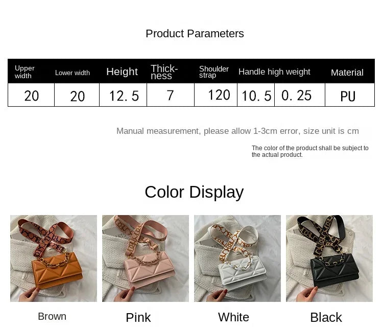 2024 New WOMEN'S Bags Korean Version of the Lingge Chain Shoulder Bag Solid Color Messenger Small Square Bag