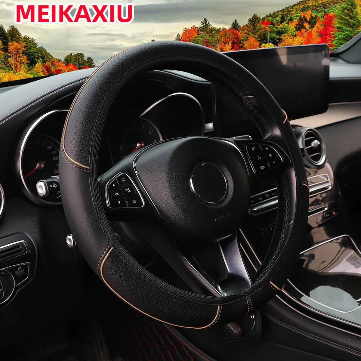 PU Check-Pattern Embossed Leather Trim for Car Non-Ring Steering Wheel Cover for Car Interior Accessories 37-38cm