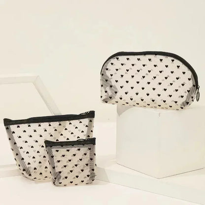 Nylon Mesh Cosmetic Bag Zipper Heart Shaped Toiletry Organizer Makeup Bags Multifunctional Women Lipstick Key Coin Purse Pouch