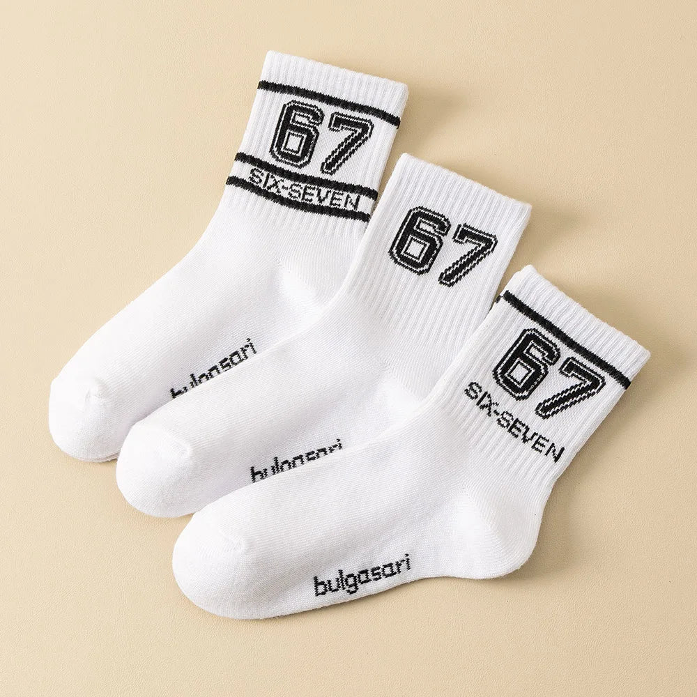 Teen Fashion Socks with "67" Print - Mid-Calf Sports Socks for Trendy Kids All Season