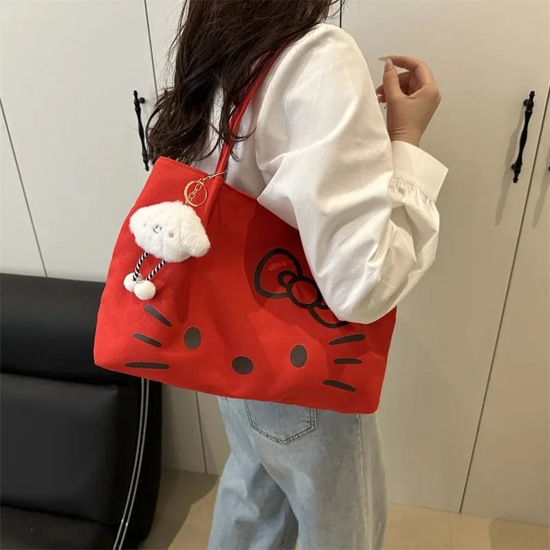 Cute Canvas Bag Hello Kitty Women's Canvas Handbag - Large Cute Cartoon Shoulder Bag Fashion Multi functional Commuter Handbag