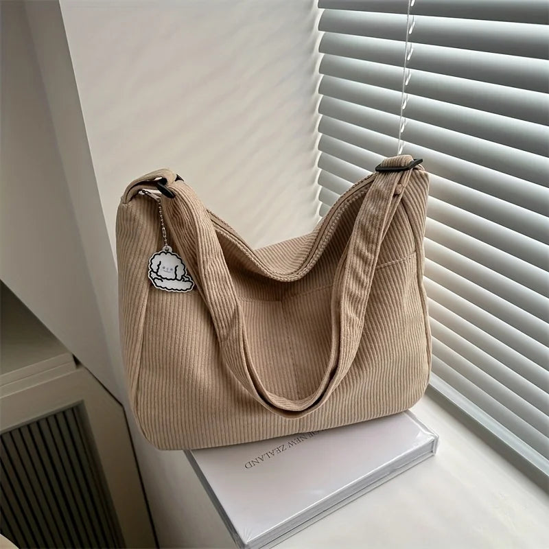 Women’s Corduroy Shoulder Bag, Casual Striped Large Capacity Tote with Zipper Closure, Cute Hat Patch, Perfect for Everyday Use