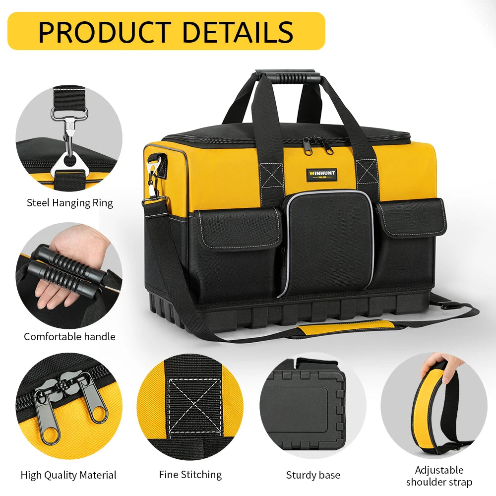 WINHUNT Heavy-Duty Tool Bag with Wide Mouth & Molded Bottom - Adjustable Shoulder Strap, Durable Polyester, Yellow/Black