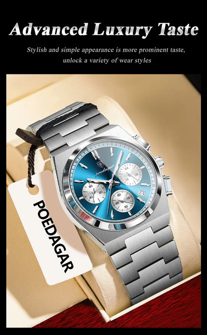 POEDAGAR Fashion Man Watches Chronograph Date Stainless Steel Casual Men Wristwatch Waterproof Luminous Men's Quartz Watch Reloj