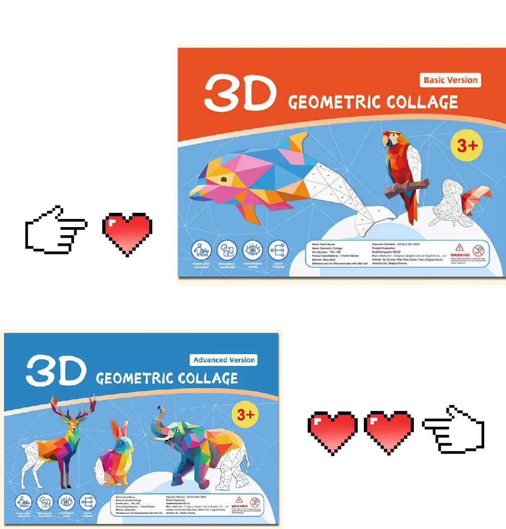 3D Geometric Heteroideus Animal Puzzle Stickers Puzzle Stress Relieving Block Drawing DIY Stickers Basic /Advanced Version/2PCS