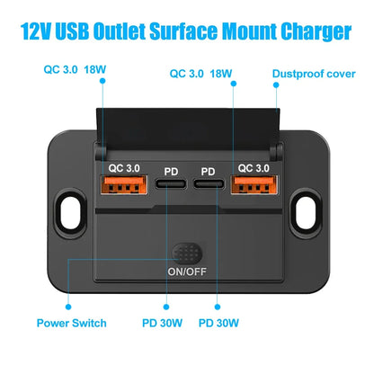 Dual PD USB C Adapters Outlet Car Charging Port Socket Wall Mount Accessories for Boat Marine Campers RV Truck Golf Cart 12/24V