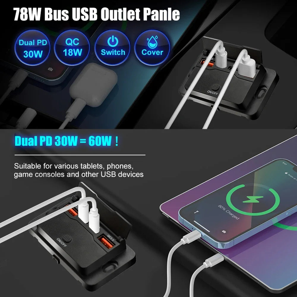 Dual PD USB C Adapters Outlet Car Charging Port Socket Wall Mount Accessories for Boat Marine Campers RV Truck Golf Cart 12/24V