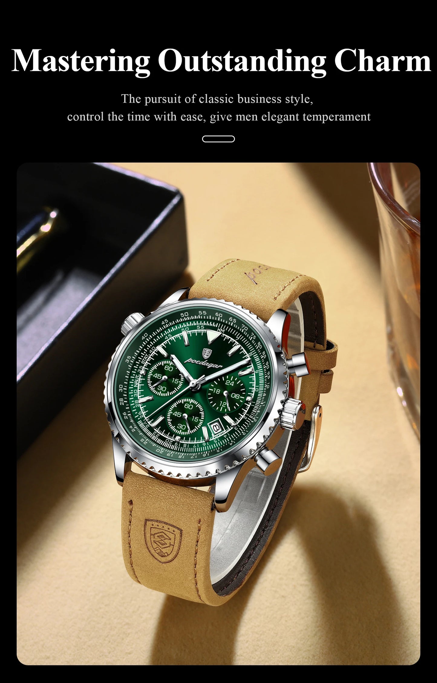 POEDAGAR Luxury Business Men's Watch Waterproof Luminous Date Chronograph Leather Man Clock Fashion Quartz Watches For Men Reloj