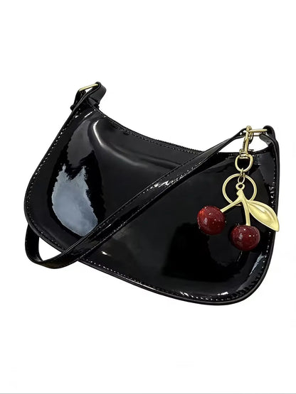 HOMEFIH PU Leather Handbag Solid Color Cherry Pendant Casual Shoulder Bag Versatile Fashion Commuting Bag for Girls Underarm Bag