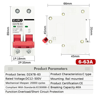 1P 2P DC MCB 12V 24V 48V Circuit Breaker Battery Car Protector DZ47 DC Positive Negative Pole Rotection  Protect Switch Isolator