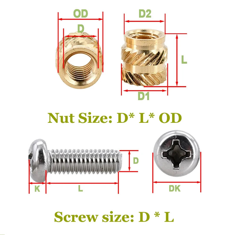 Heat Set Thread Brass Insert Nut and Bolt M2 M3 M4 Soldering Iron Tip Copper Insertion Nut Machine Screw Kit Inserts 3d Printer