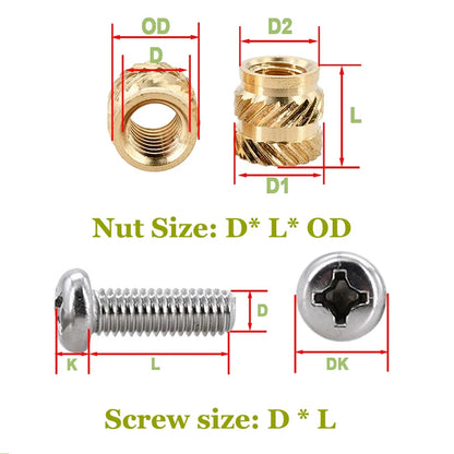 Heat Set Thread Brass Insert Nut and Bolt M2 M3 M4 Soldering Iron Tip Copper Insertion Nut Machine Screw Kit Inserts 3d Printer