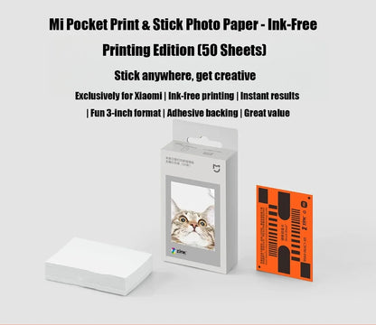 Original 100% Xiaomi ZINK Pocket Printer Paper Self-adhesive Photo Print 50pcs Sheets Xiaomi 3-inch Mini Pocket Photo Printer CN