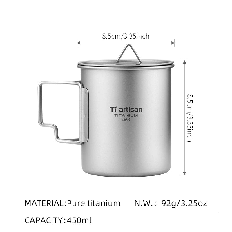 Tiartisan 350ml 750ml Tatinium Cup Hiking Tableware Fodable Handle Coffee Cups with lids Lightweight Frosted Cup Mugs