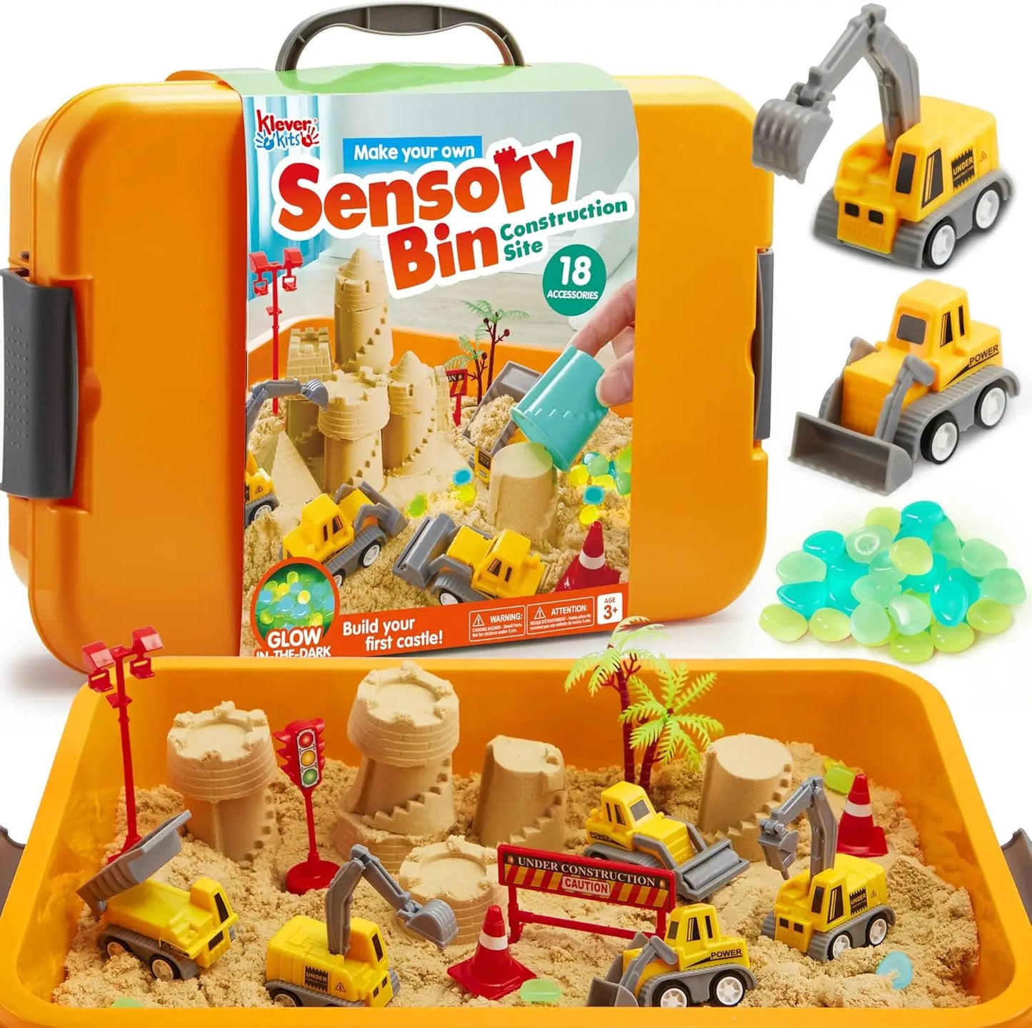 JOYFY Kids Glow in The Dark Construction Sensory Bin Stones Sandbox with Lid Castle Building kit for Kids Birthday Gifts