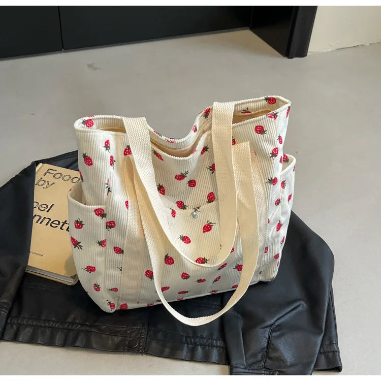 Fashion Corduroy Shoulder Bag for Women, Cute Printed Handbag, Casual Commuter & Shopping Purse, Trendy Underarm Bag