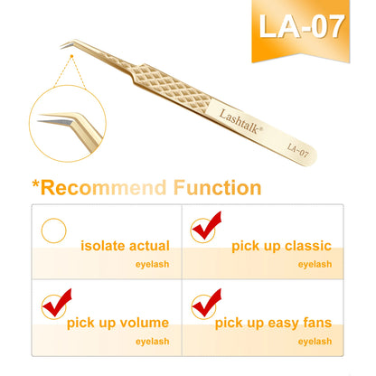 Lashtalk Precision Fiber Tip Tweezer Eyelash Extensions Diamond Grip Anti-Slip Premium Gold Stainless Steel Makeup With Box Pack