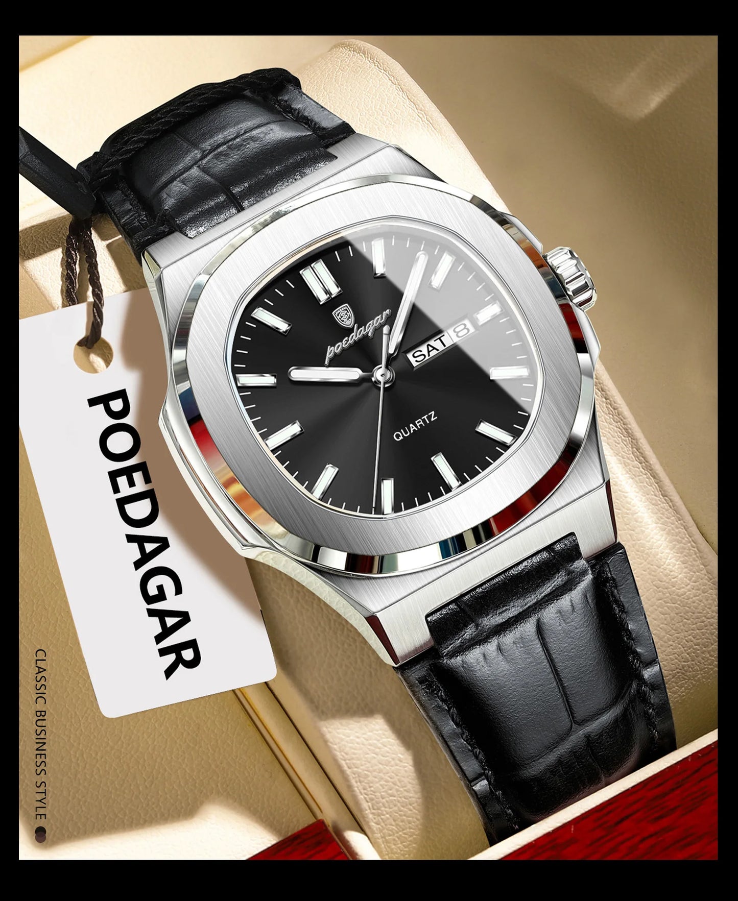 POEDAGAR Square Wristwatch For Men Luminous Waterproof Week Calendar Luxury Man Clock Leather Quartz Fashion Men's Watches Reloj