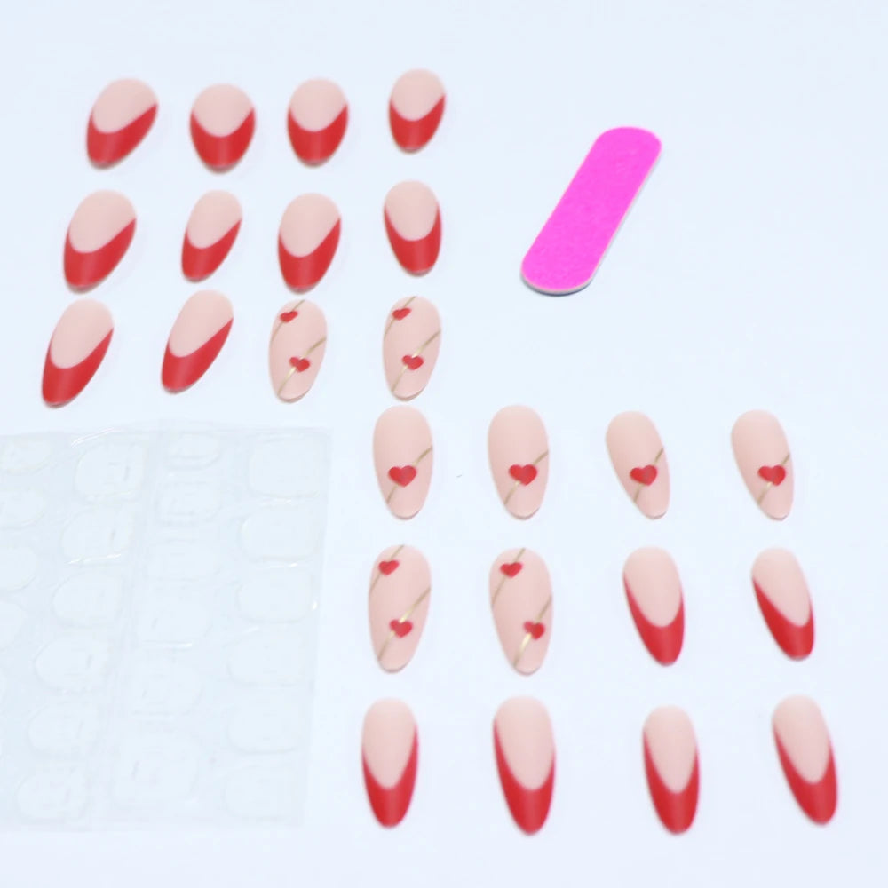 24PCS/ medium almond nail, red love pattern decoration, gold line outline, exquisite elegance, simple and generous, suitable for