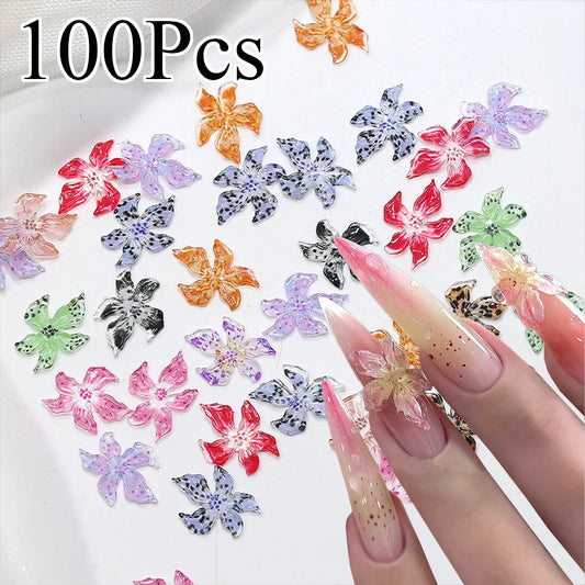 100/60/40/20pcs Mixed Crystal Lily Flower Nail Charms 3D Ice Translucent Soft Sculpture Lily Petals Floral Nail Rhinestone Decor